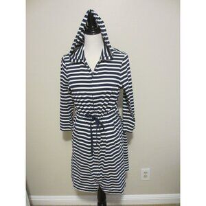 Lands End Navy & White Striped Hooded Drawstring Waist Robe With 3/4 Sleeves
